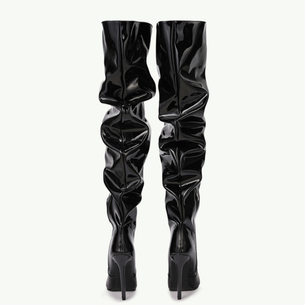 Overknee-Stiefel aus Leder mit spitzer Zehenpartie und Stilettoabsatz - Schwarz