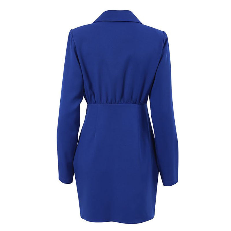 Vestido mini estilo blazer con cuello de solapa y hombreras fruncidas en V - Azul rey