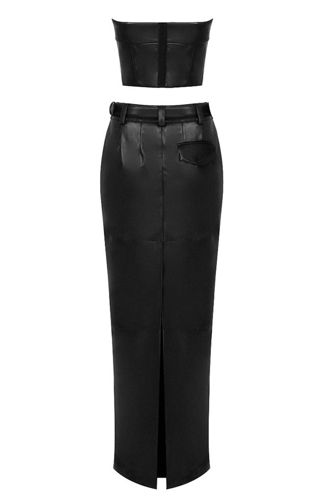 Modern Vegan Leather Crop Tube Top Maxi Skirt Two Piece Dress - Black