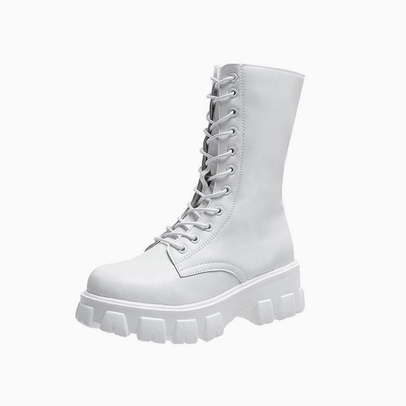 Lace Up Zip Side Lug Sole Chunky Heel Mid Calf Boots - White