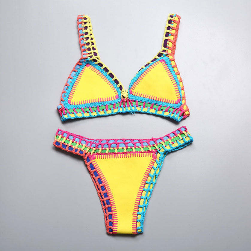 Bikini triangular reversible de neopreno con banda de crochet - Amarillo