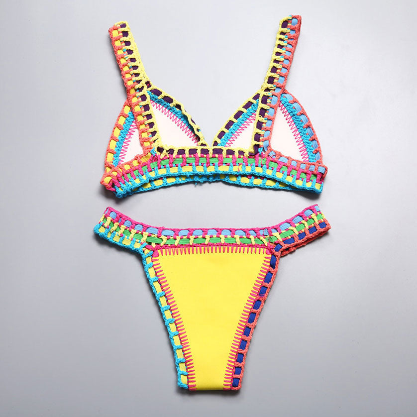 Wendbares Triangel-Bikini-Set aus Neopren mit Häkelband - Gelb