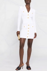 OL Button Trim Long Sleeve Winter Ribbed Sweater Mini Dress - White
