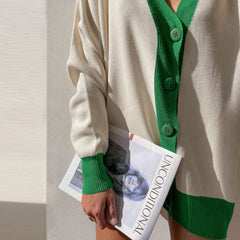 Color Button Up Long Sleeve Cardigan - Beige