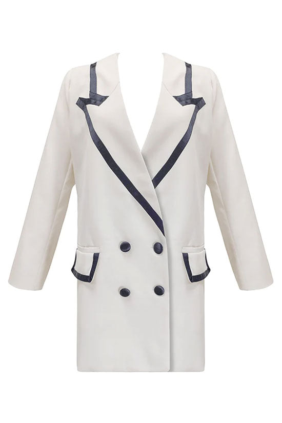 Oversized Contrast Label Long Sleeve Double Breasted Blazer Mini Dress - White