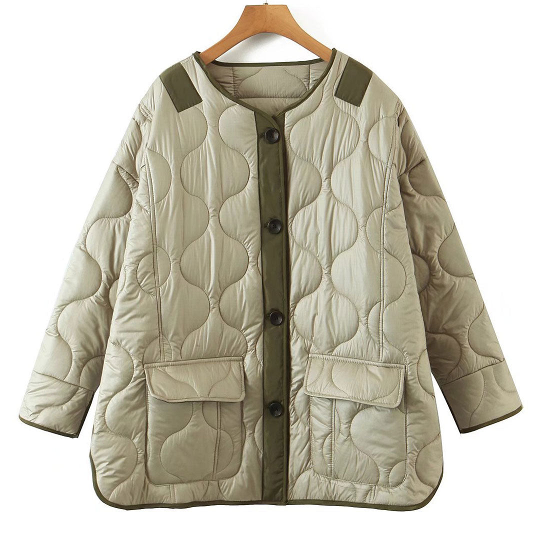 Long Sleeve Button Down Flap Pocket Quilted Jacket - Sage Green