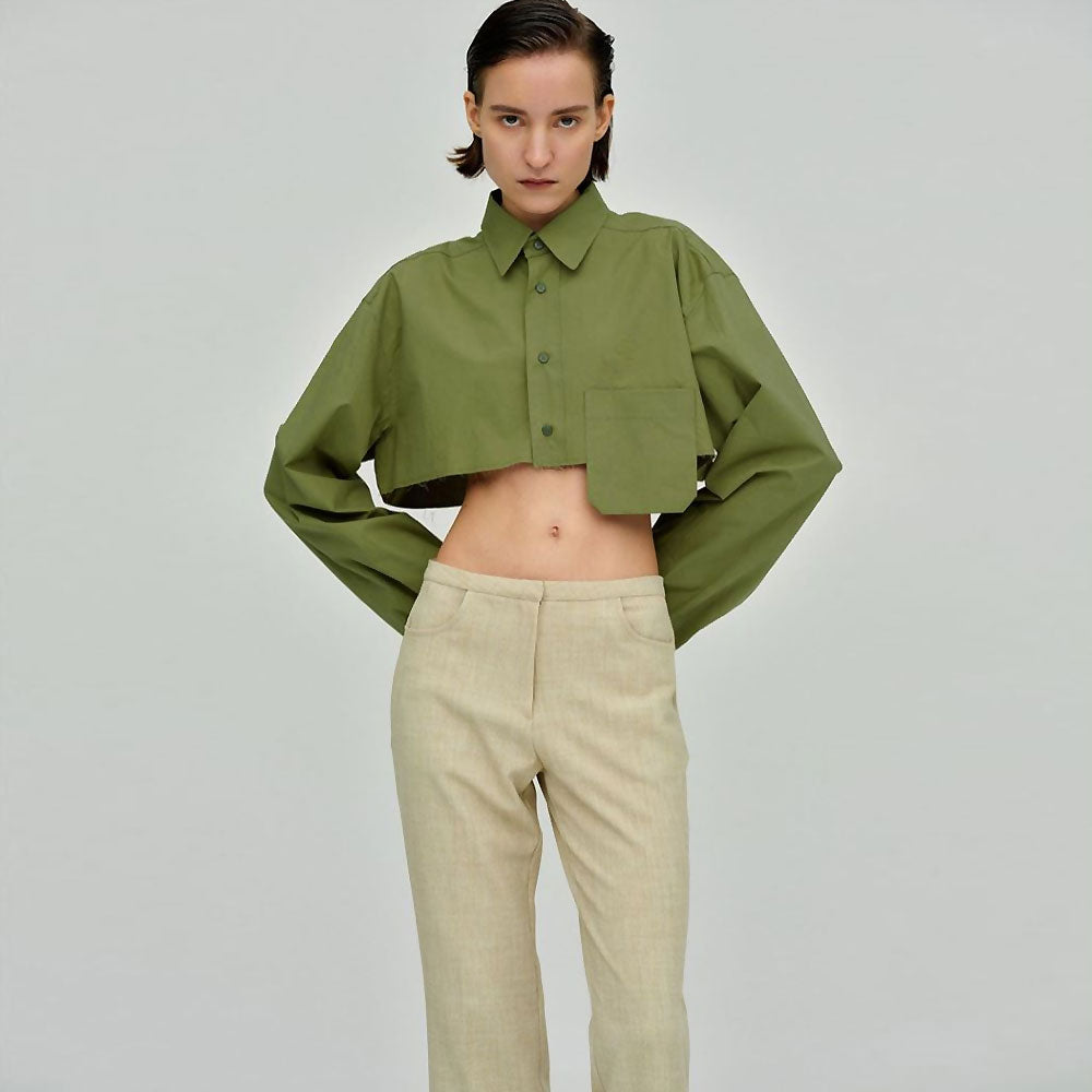 Long Sleeve Button Down Pointed Collar Cropped Shirt - Green