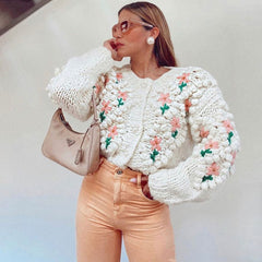 Long Sleeve Button Up Crochet Floral Cardigan - Apricot