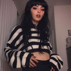 Pullover Long Sleeve Cropped Striped Sweater - Stripe