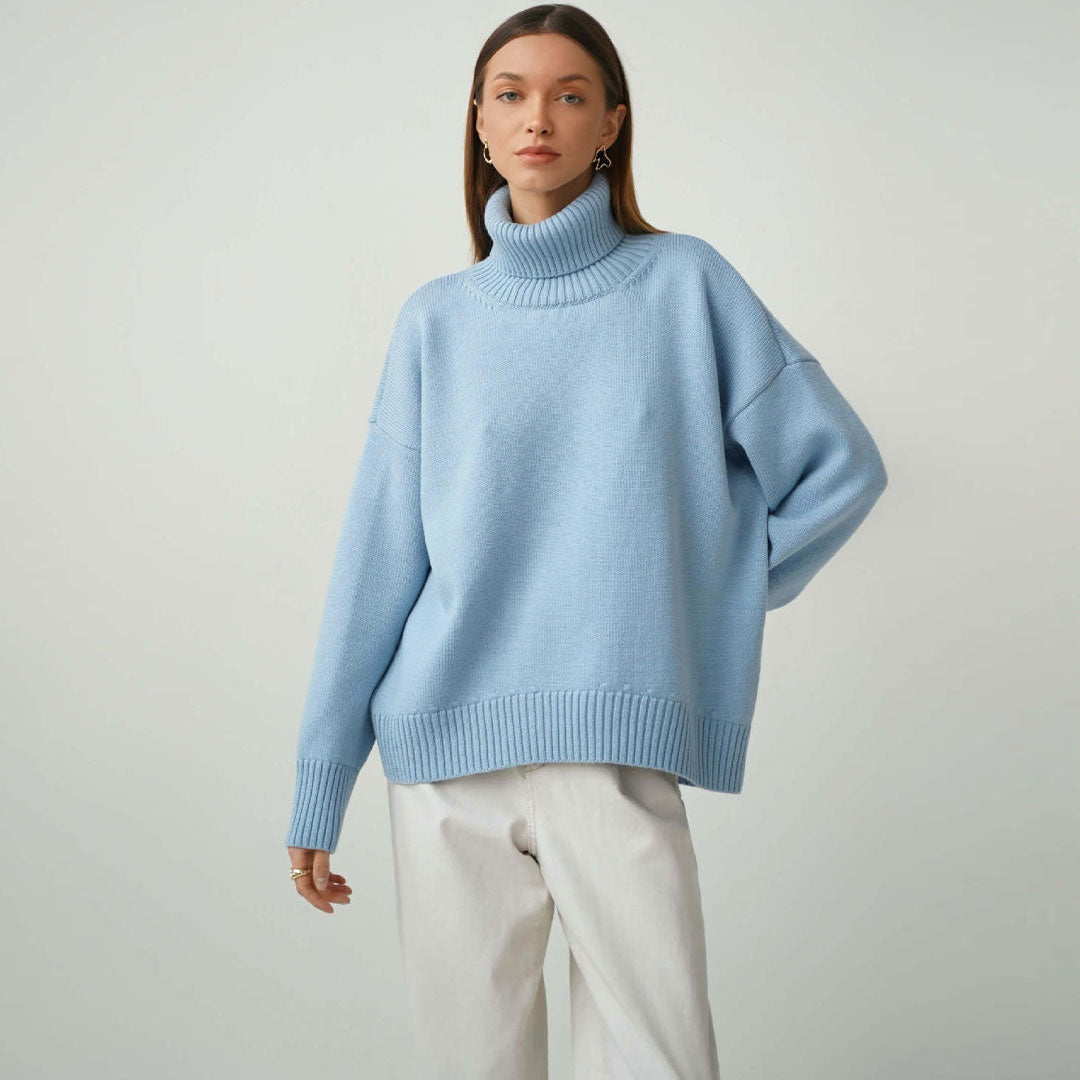 High Low Turtleneck Long Sleeve Sweater - Baby Blue