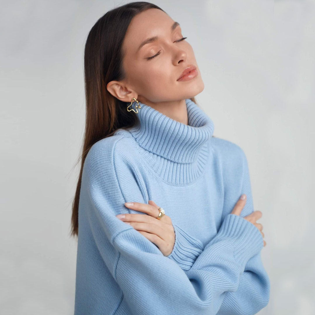 High Low Turtleneck Long Sleeve Sweater - Baby Blue