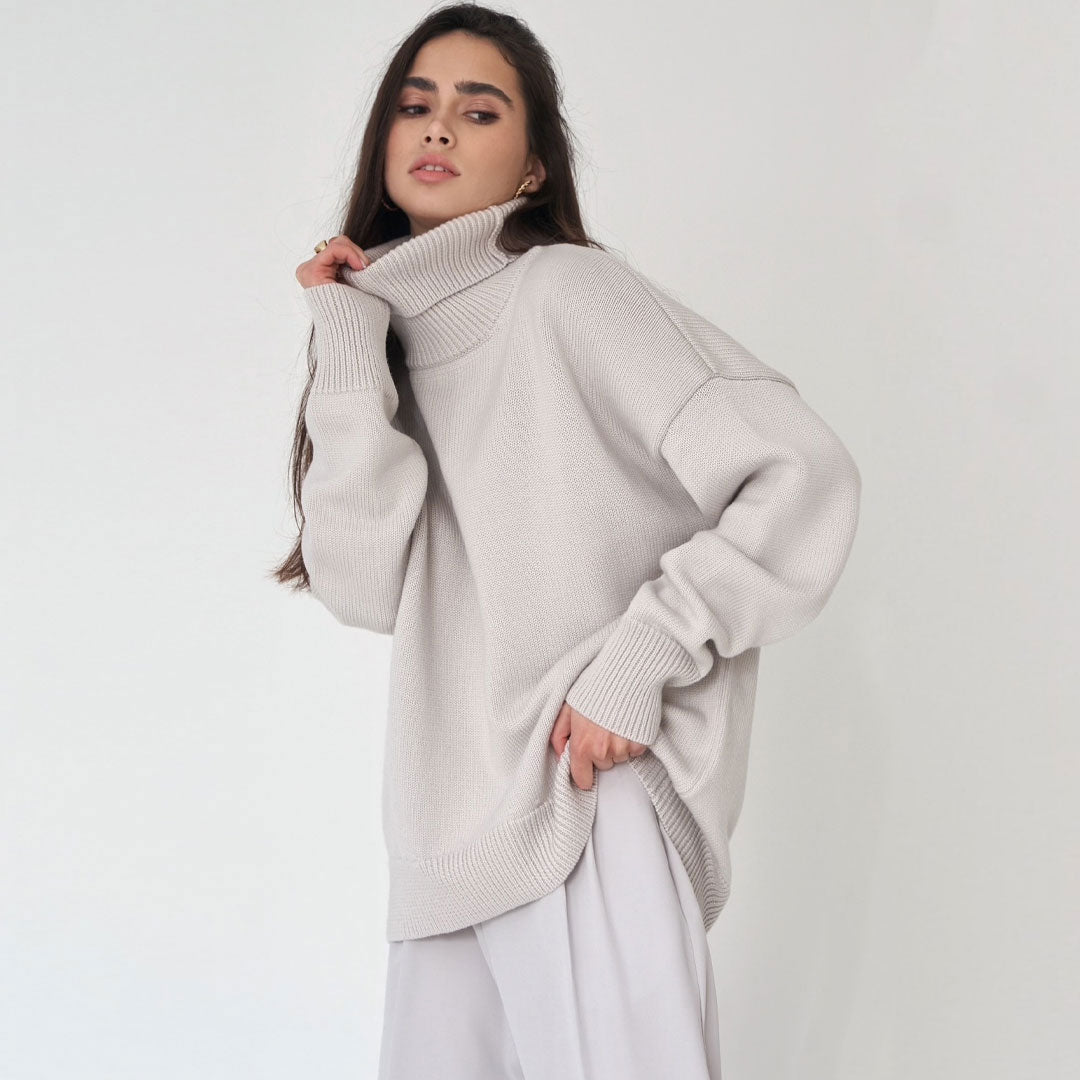 High Low Turtleneck Long Sleeve Sweater - Gray