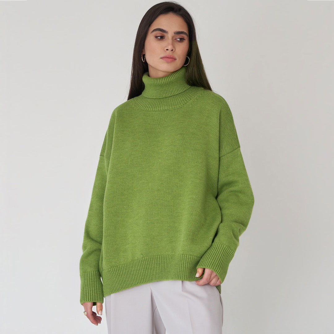 High Low Turtleneck Long Sleeve Sweater - Olive