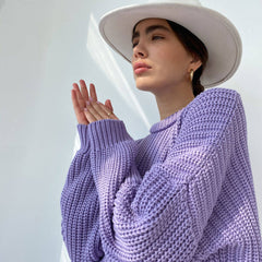Candy Color Crewneck Pullover Sweater - Purple
