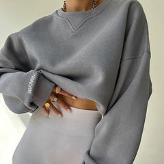 Lettering Trim Drop Shoulder Long Sleeve Sweatshirt - Gray