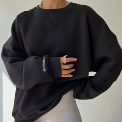 Lettering Trim Drop Shoulder Long Sleeve Sweatshirt - Black