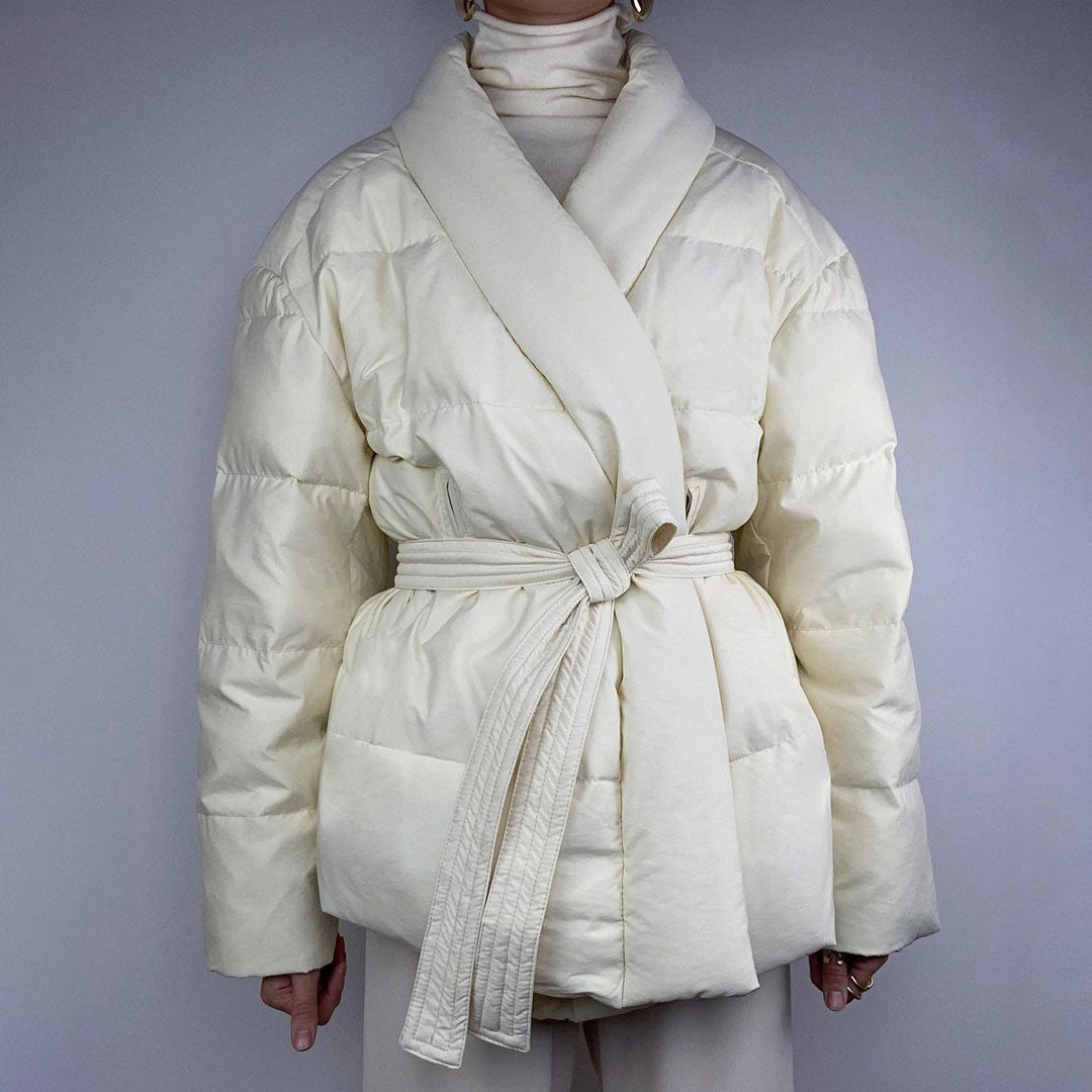 Shawl Collar Long Sleeve Belted Puffer Jacket - White