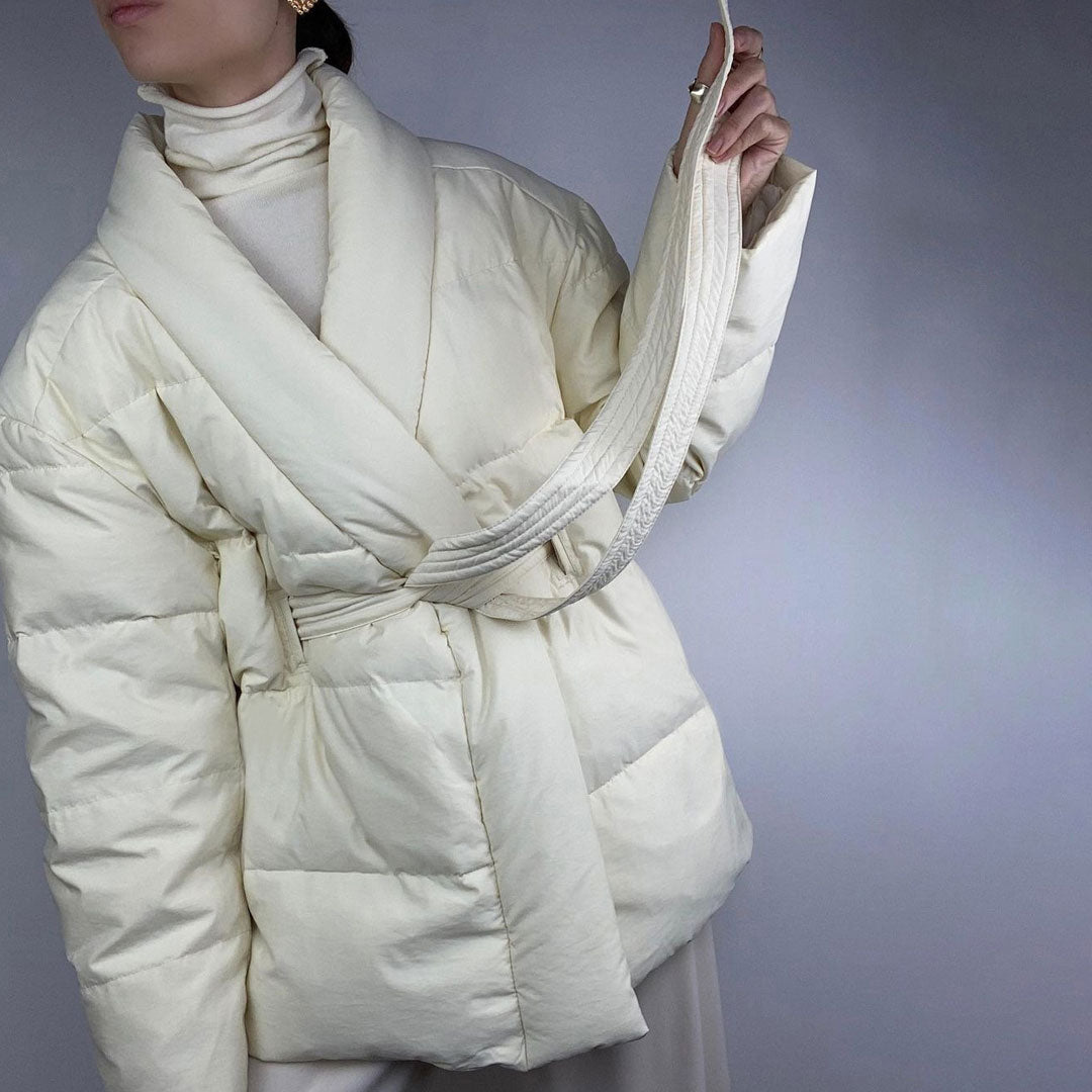 Shawl Collar Long Sleeve Belted Puffer Jacket - White