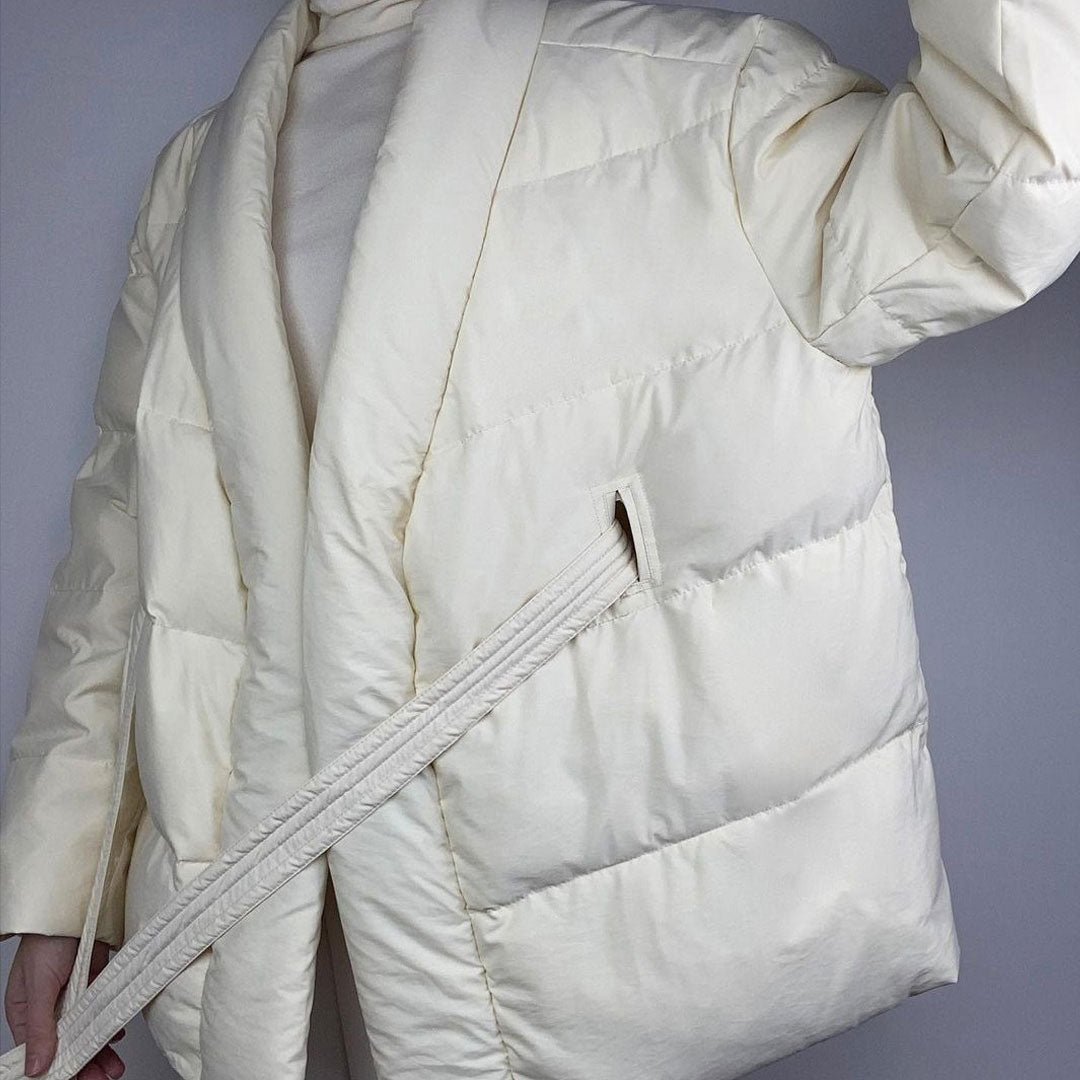 Shawl Collar Long Sleeve Belted Puffer Jacket - White