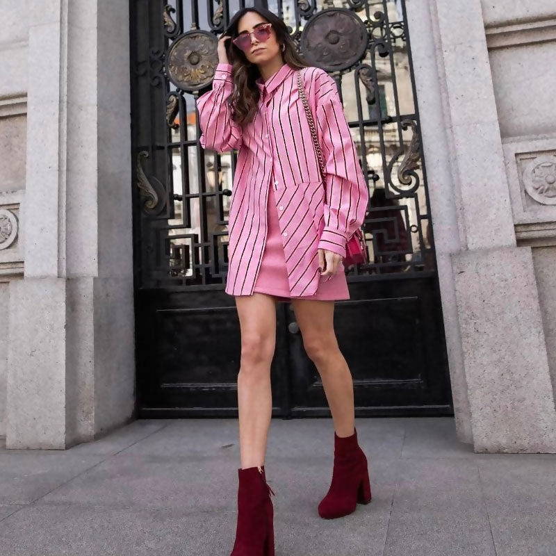 Camisa de manga larga con cuello en punta y botones con estampado de rayas - Rosa