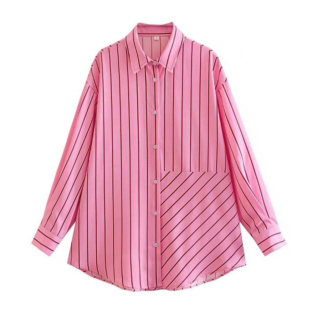 Camisa de manga larga con cuello en punta y botones con estampado de rayas - Rosa