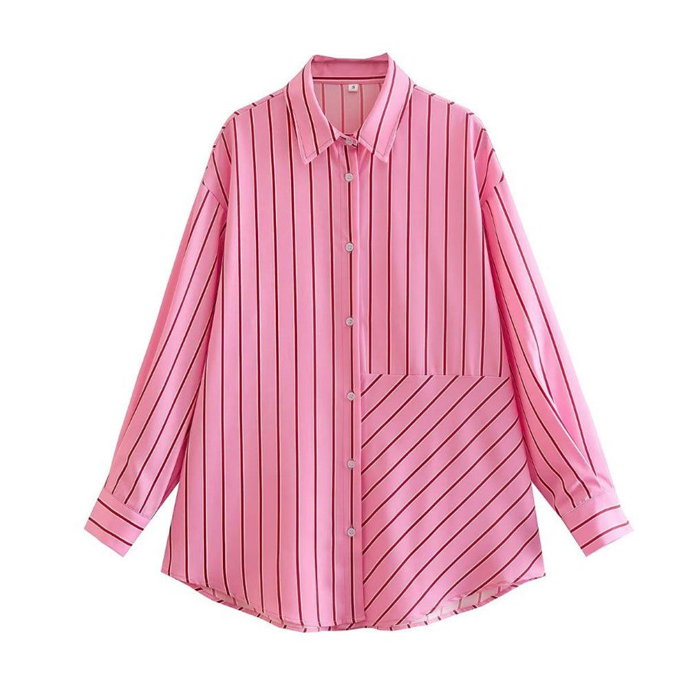 Camisa de manga larga con cuello en punta y botones con estampado de rayas - Rosa