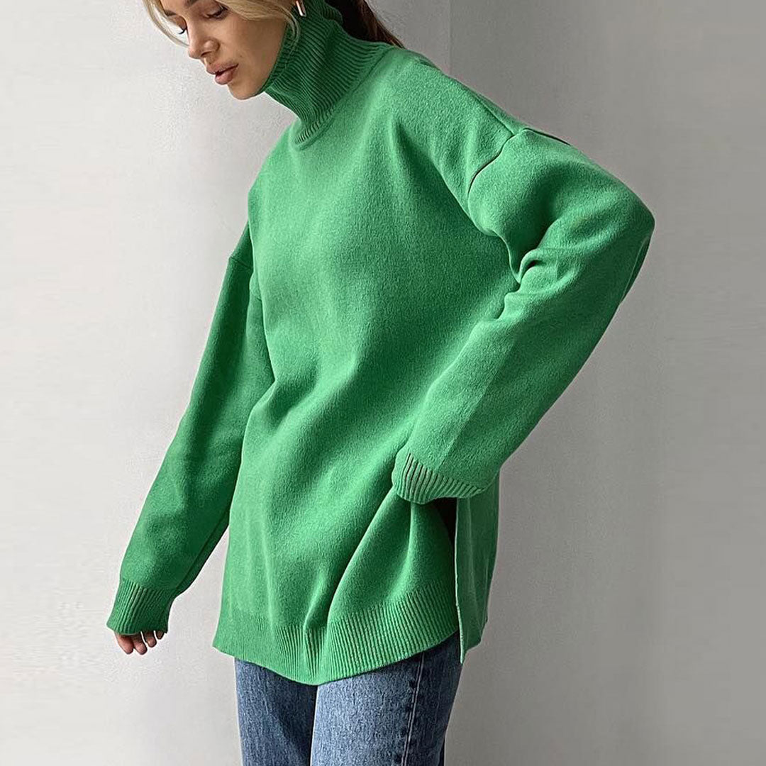 Long Sleeve Slit Trim Pullover Sweater - Green