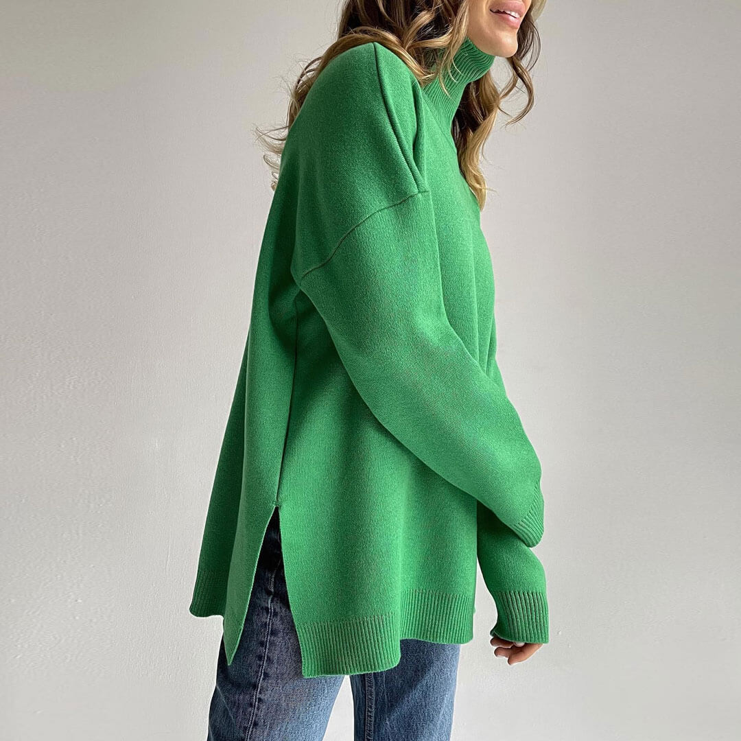 Long Sleeve Slit Trim Pullover Sweater - Green