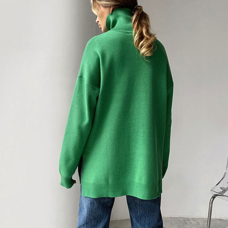 Long Sleeve Slit Trim Pullover Sweater - Green