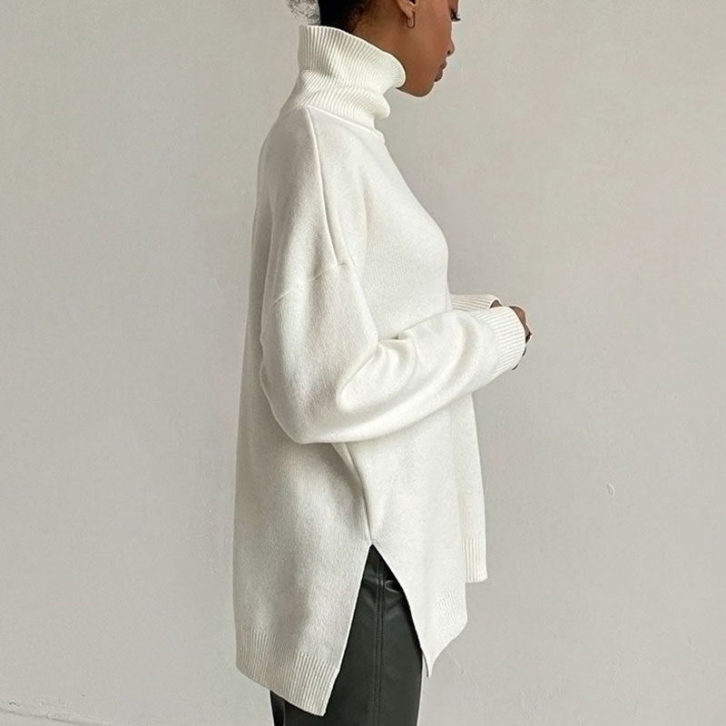 Long Sleeve Slit Trim Pullover Sweater - White