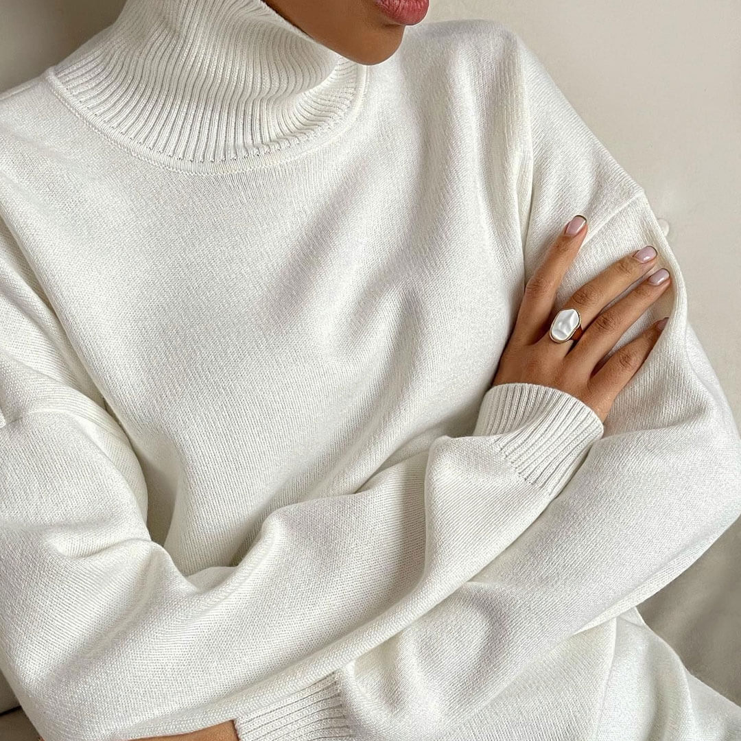 Long Sleeve Slit Trim Pullover Sweater - White