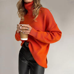 Long Sleeve Slit Trim Pullover Sweater - Burnt Orange