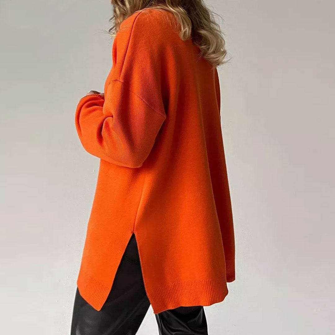 Long Sleeve Slit Trim Pullover Sweater - Burnt Orange