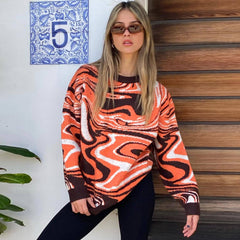 Gerippter Pullover mit langen Ärmeln und Print - Gebranntes Orange