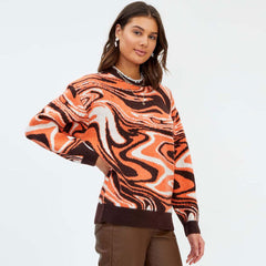 Gerippter Pullover mit langen Ärmeln und Print - Gebranntes Orange