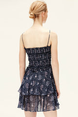 Paisley Floral Tiered Ruffle French Slip Mini Dress - Navy Blue