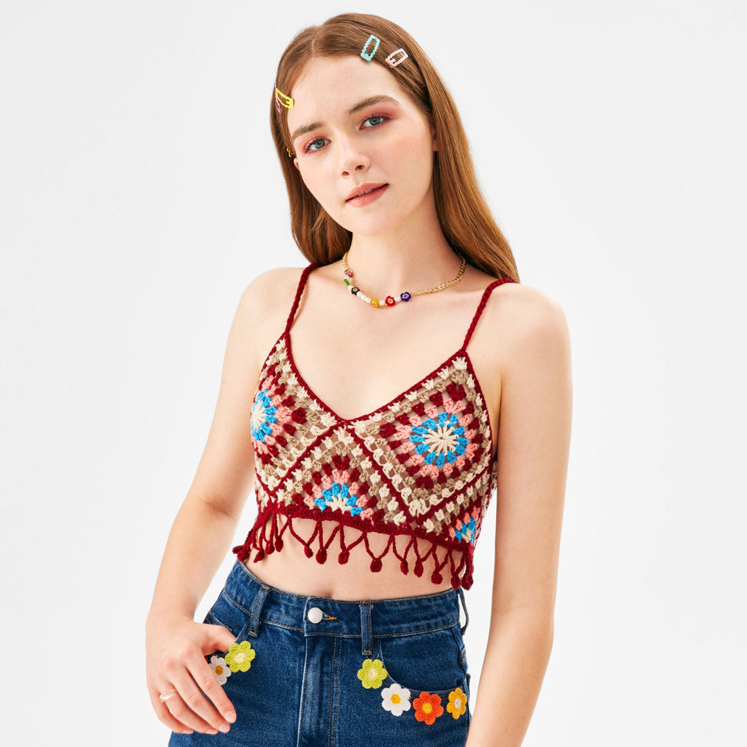 Pastel Granny Square Pattern V Neck Crochet Knit Cropped Top - Burgundy