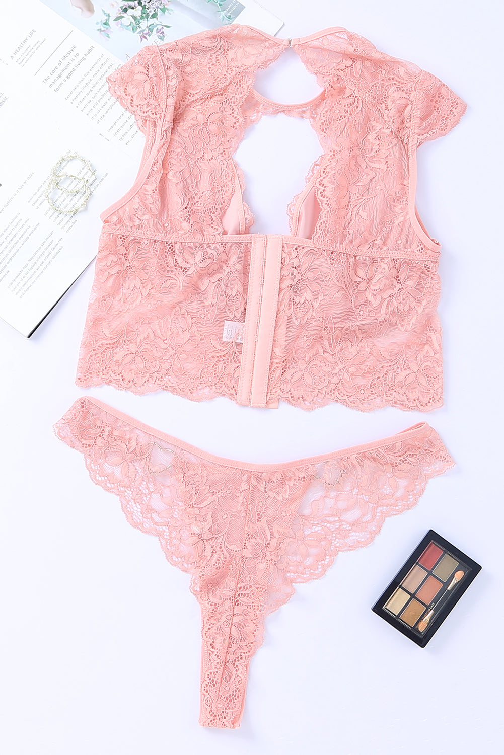 Rosa 2-teiliges Dessous-Set mit Cut-Outs und Bustier aus Spitze