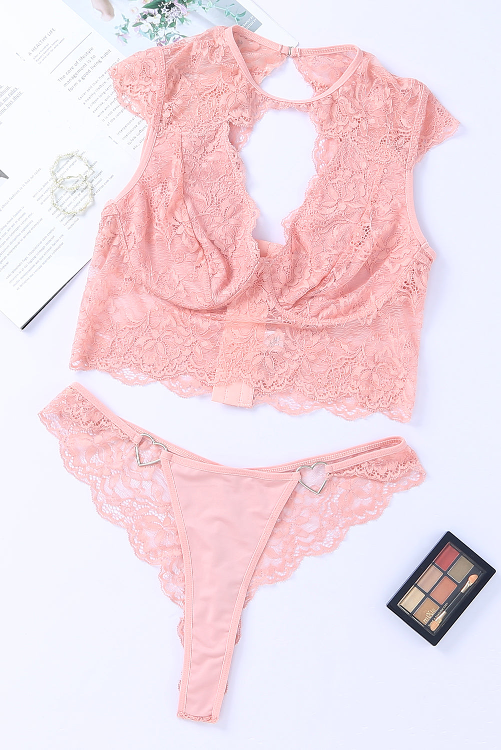 Pink 2Pcs Cutout Lace Bustier Lingerie Set