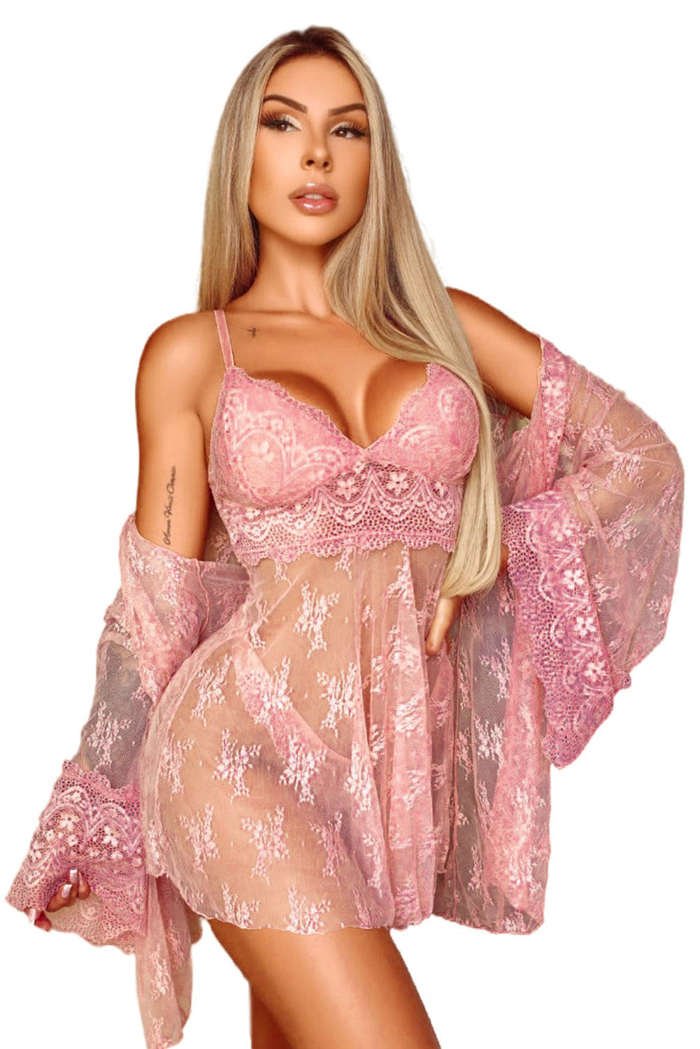 Rosa Babydoll mit V-Ausschnitt, verstellbaren Trägern, Spitze und Tanga