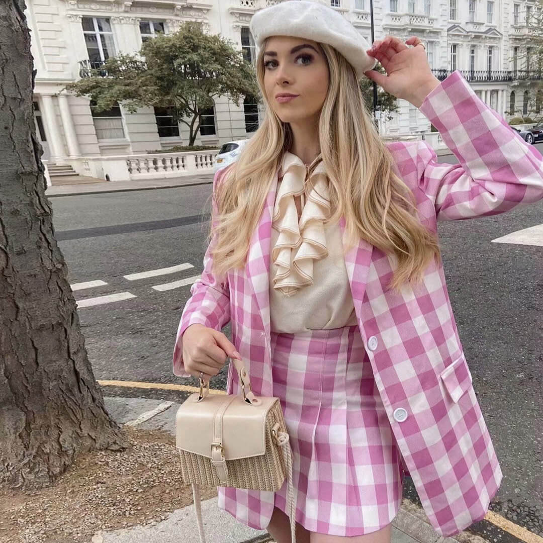 Plaid Print Long Sleeve Blazer and Pleated Mini Skirt Matching Set - Pink