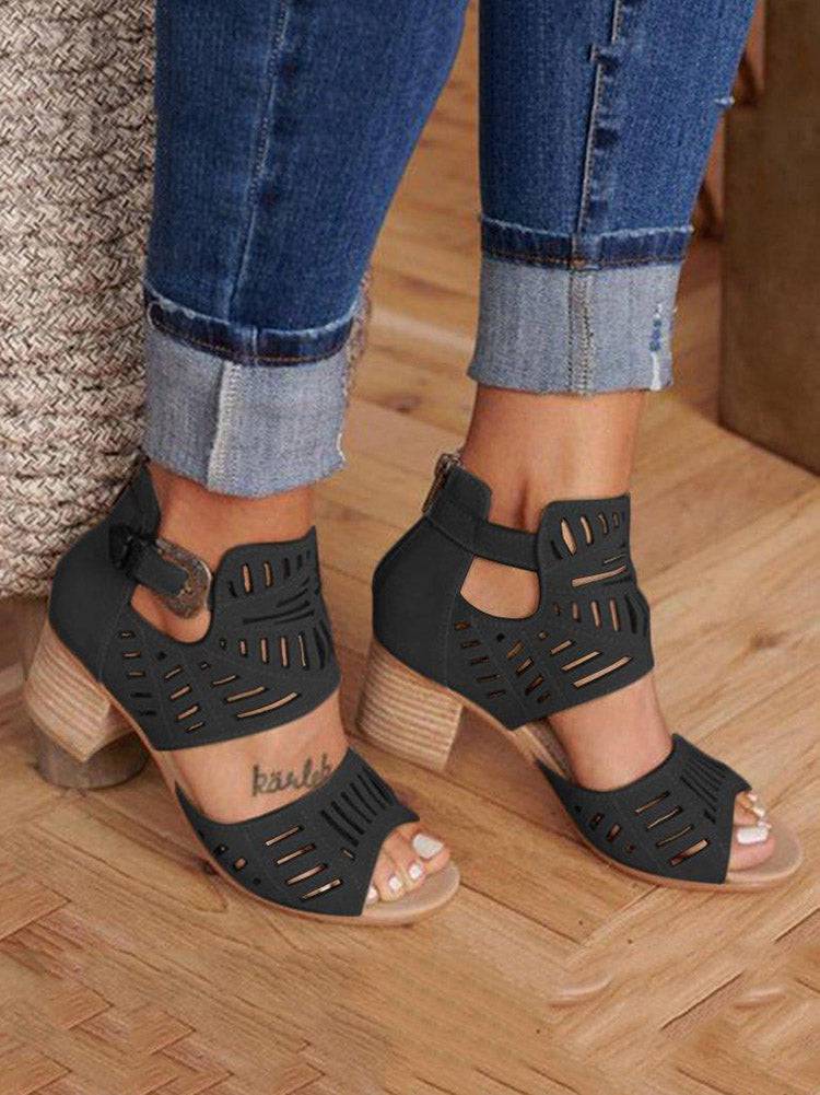 Hollow Out Chunky Heel Sandals