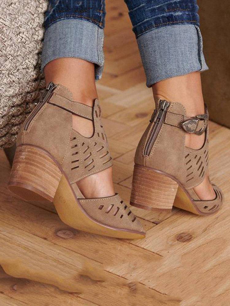 Hollow Out Chunky Heel Sandals