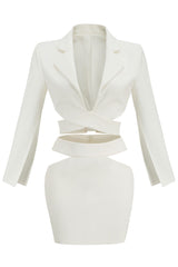 Puff Sleeve Cutout Wrap Front Blazer Mini Two Piece Dress - White