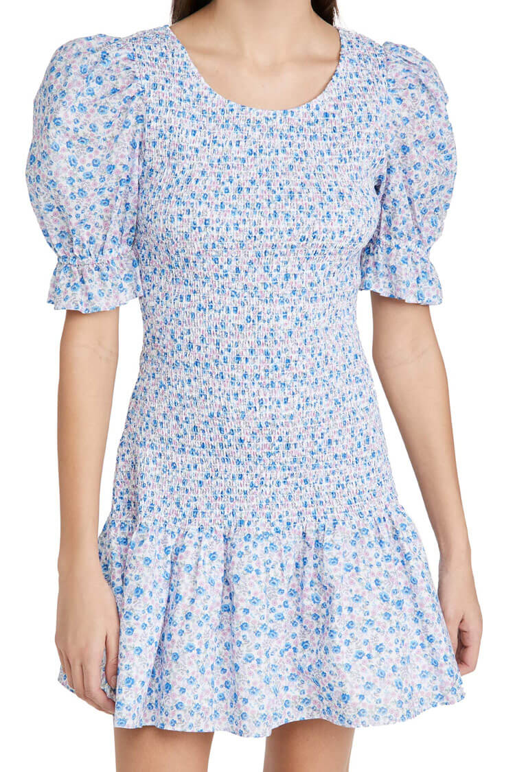 Puff Sleeve Ditsy Floral Smocked Summer Mini Dress - Blue