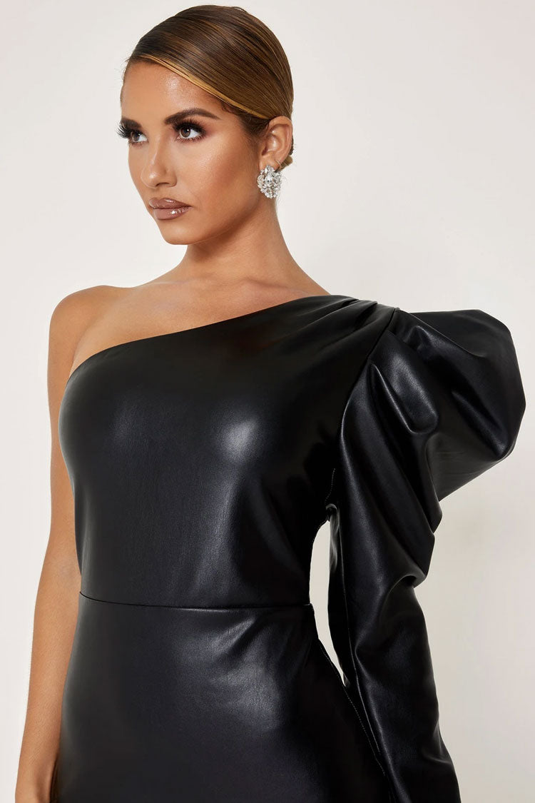 Puff Sleeve One Shoulder Bodycon Mini Leather Dress