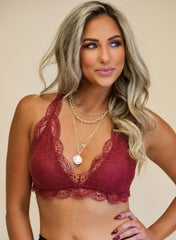 Rotes Neckholder-Bralette aus Spitze mit gewelltem V-Ausschnitt