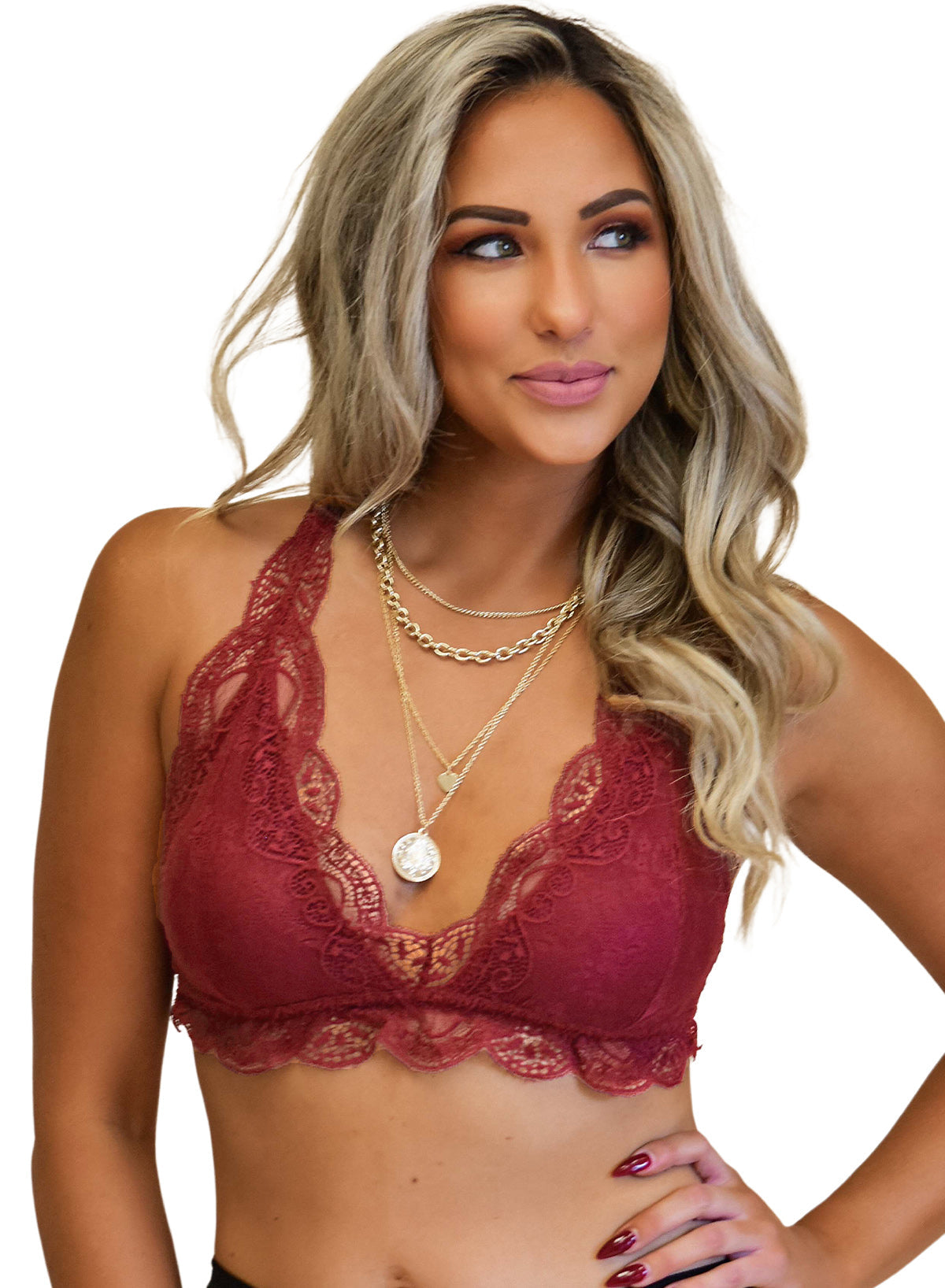 Bralette de encaje con escote en V festoneado y halter rojo