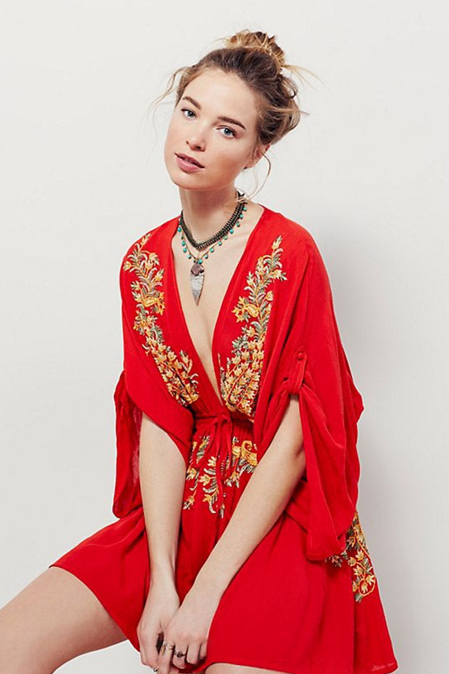 Retro Embroidered Deep V Sleeved Boho Style Mini Dress - Red