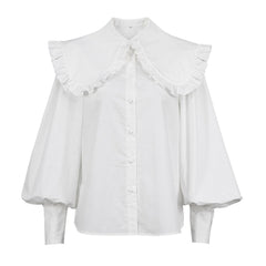 Blusa retro con volantes fruncidos, cuello Peter Pan, botones y mangas obispo - Blanca